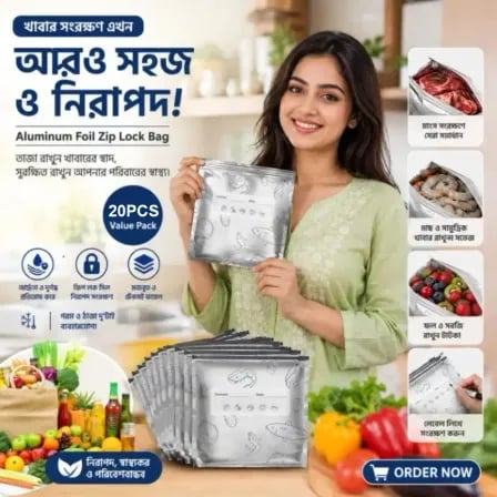 (২০পিস) Aluminum Foil Zip Lock Storage Bag।  ফ্রিজে খাবার সংরক্ষণ করুন আরও নিরাপদ ও দীর্ঘস্থায়ীভাবে!