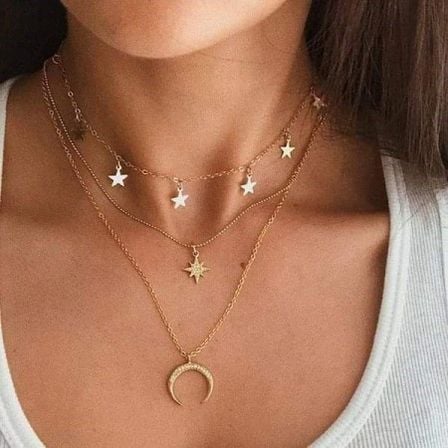 3 Layer Moon Star Pendant Necklace